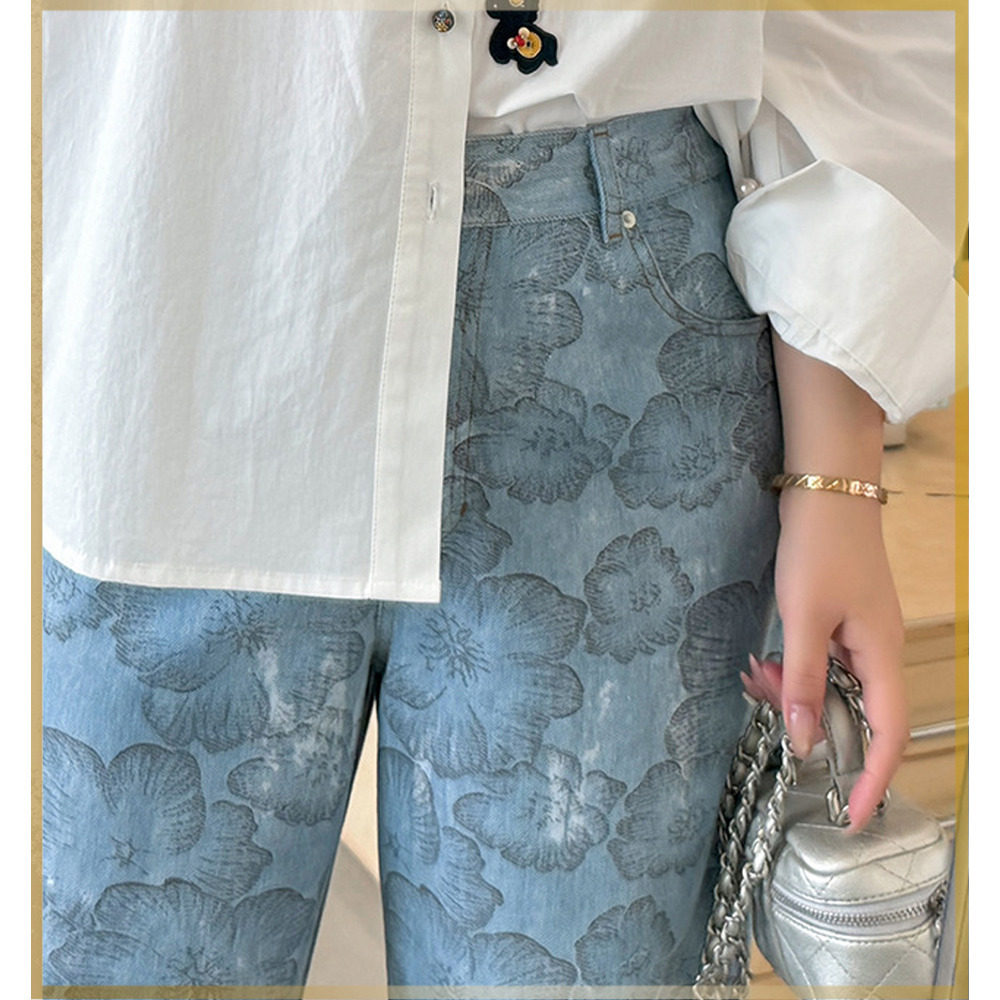 レトロでスタイリッシュなフラワープリントデニムワイドパンツ13