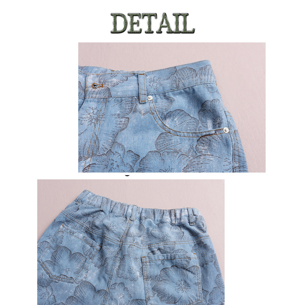 レトロでスタイリッシュなフラワープリントデニムワイドパンツ14