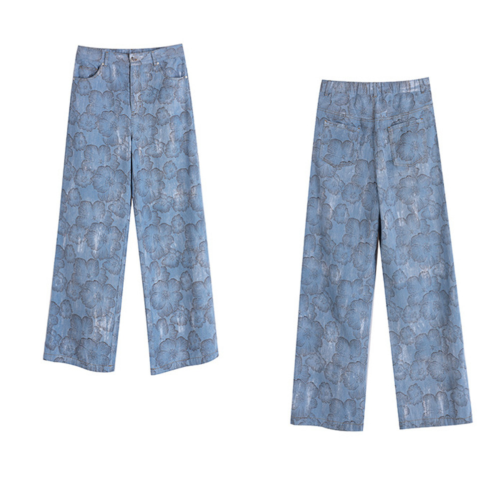 レトロでスタイリッシュなフラワープリントデニムワイドパンツ16