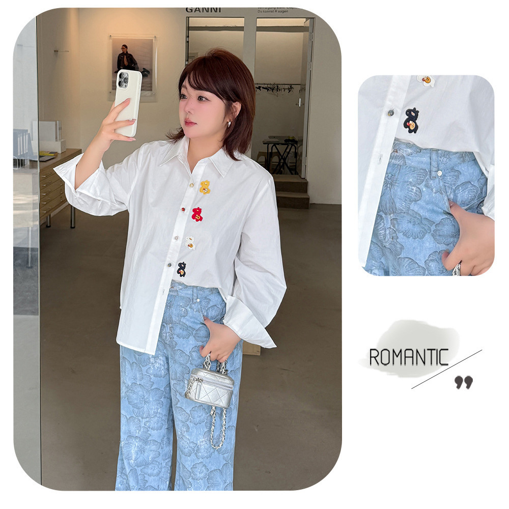 レトロでスタイリッシュなフラワープリントデニムワイドパンツ5