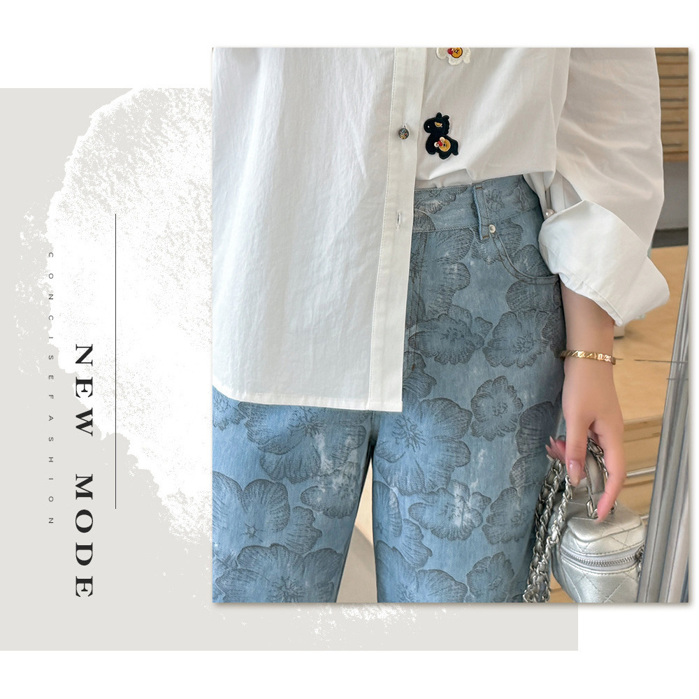 レトロでスタイリッシュなフラワープリントデニムワイドパンツ6