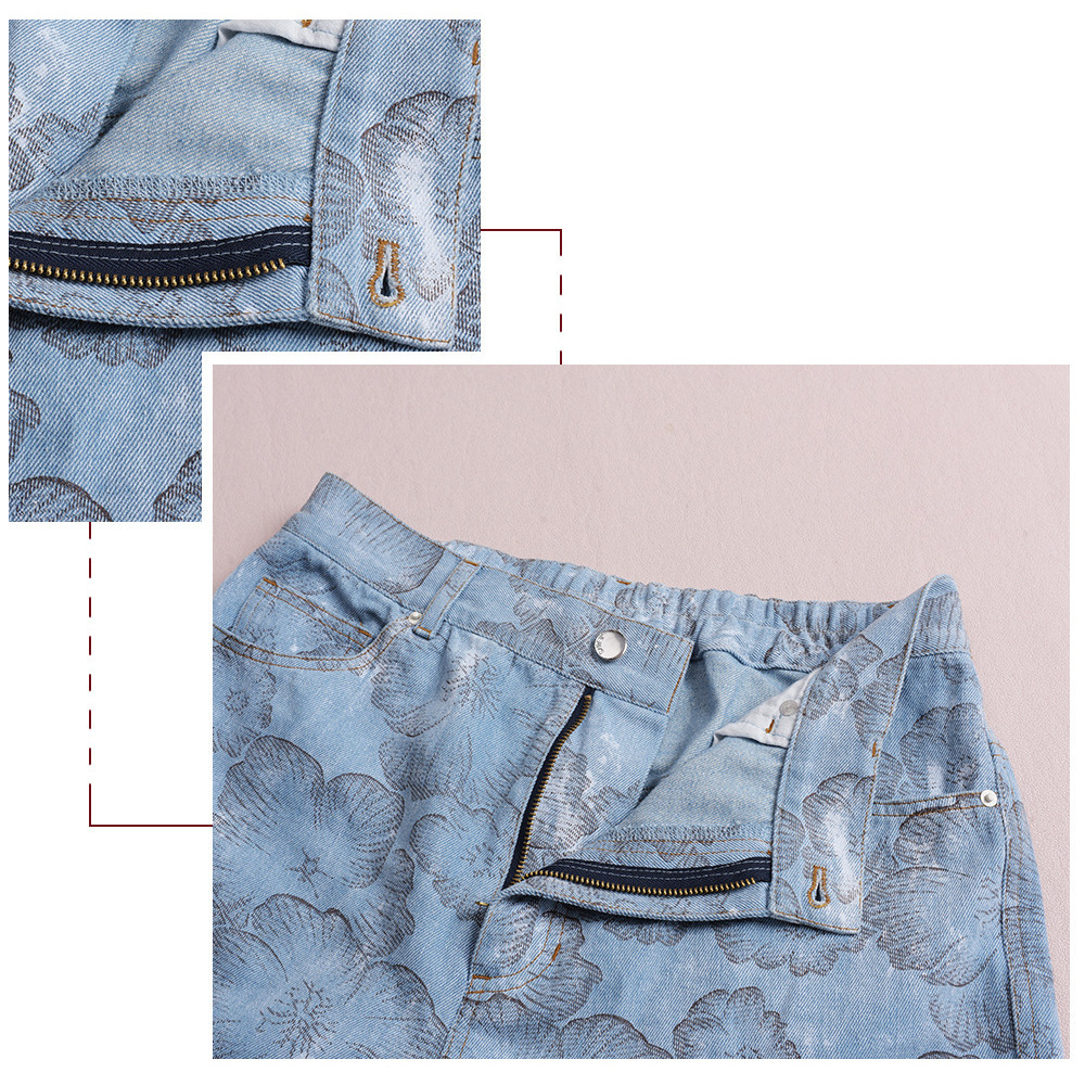 レトロでスタイリッシュなフラワープリントデニムワイドパンツ8