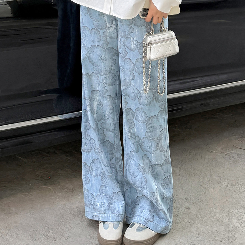 レトロでスタイリッシュなフラワープリントデニムワイドパンツ1