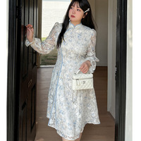 フラワープリント柄のレース素材 チャイナ風フレアワンピース