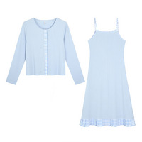 チェックトリムの肩紐ワンピースとカーディガンのセットアップ