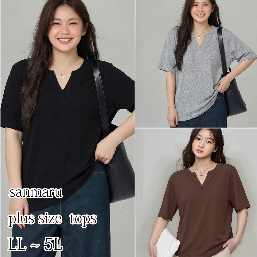 伸縮性に優れたリブニット素材で脇やキーネックのスタイルアップTシャツ sanmaru1