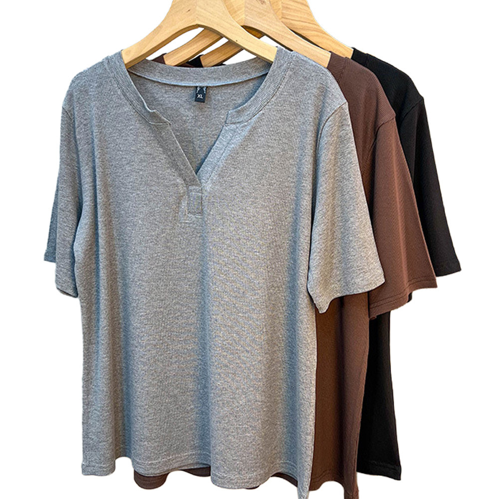 伸縮性に優れたリブニット素材で脇やキーネックのスタイルアップTシャツ sanmaru16