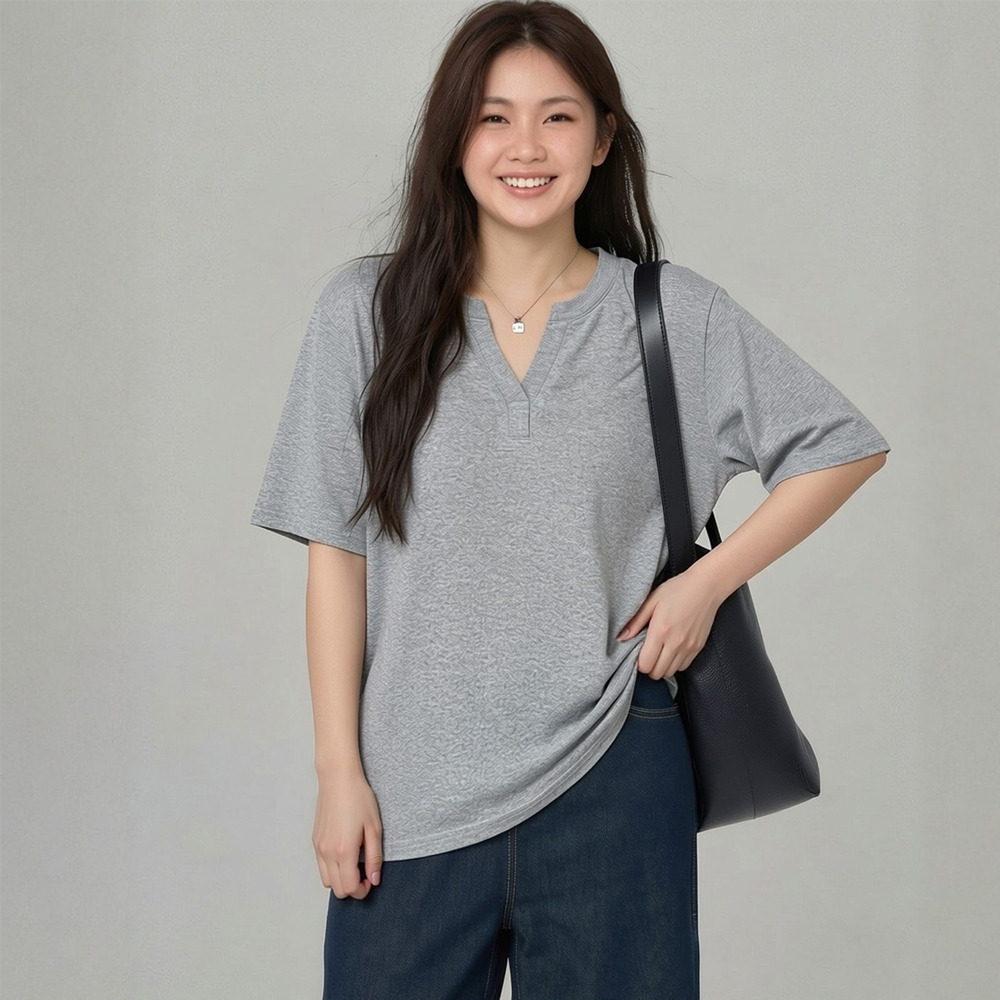 伸縮性に優れたリブニット素材で脇やキーネックのスタイルアップTシャツ sanmaru1