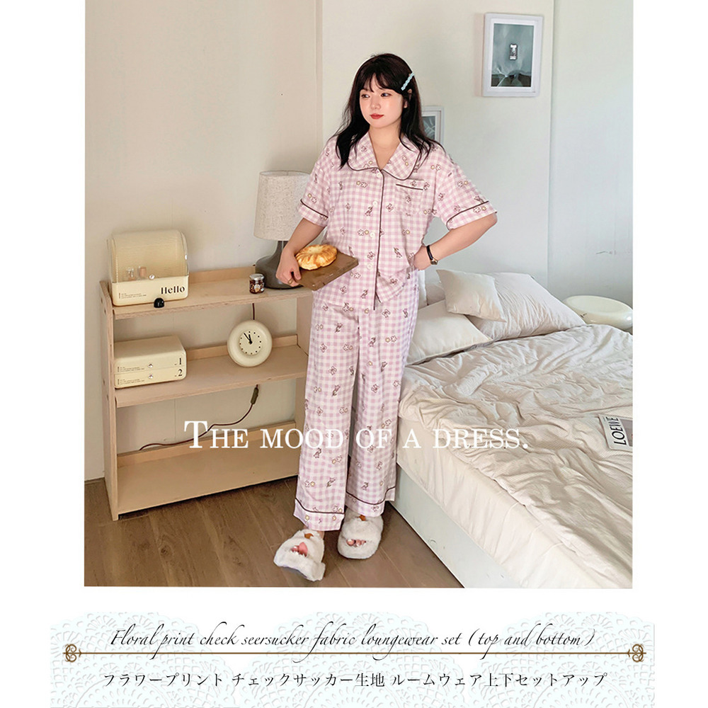 さらっとしたシアーサッカー素材のチェック柄ルームウェア上下セット13