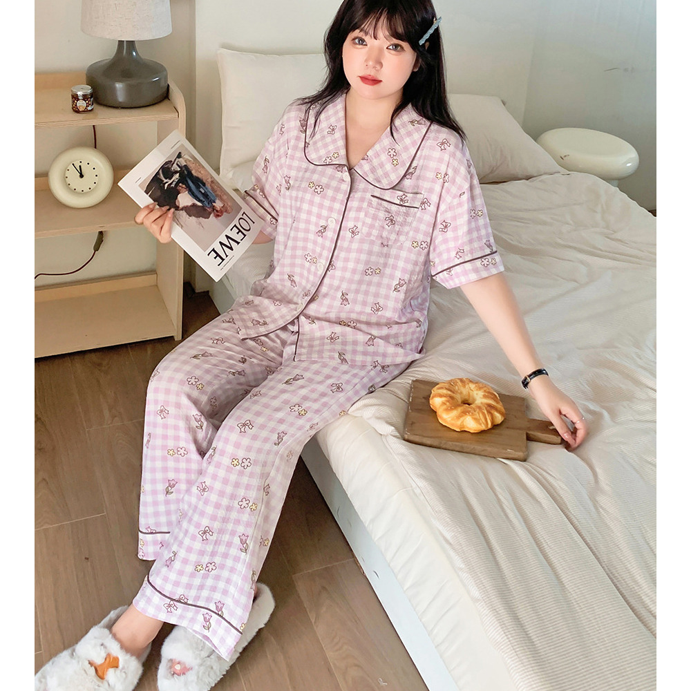 さらっとしたシアーサッカー素材のチェック柄ルームウェア上下セット3