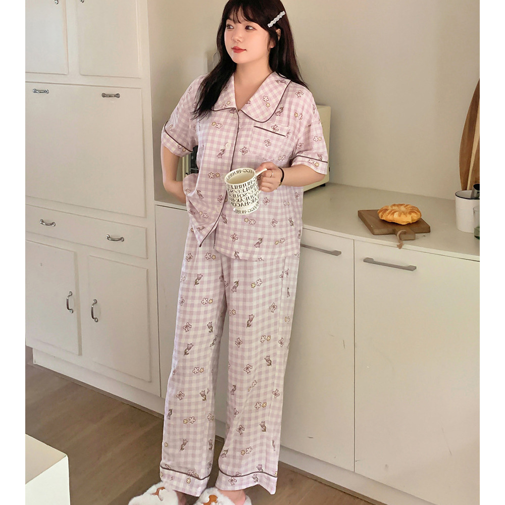 さらっとしたシアーサッカー素材のチェック柄ルームウェア上下セット5