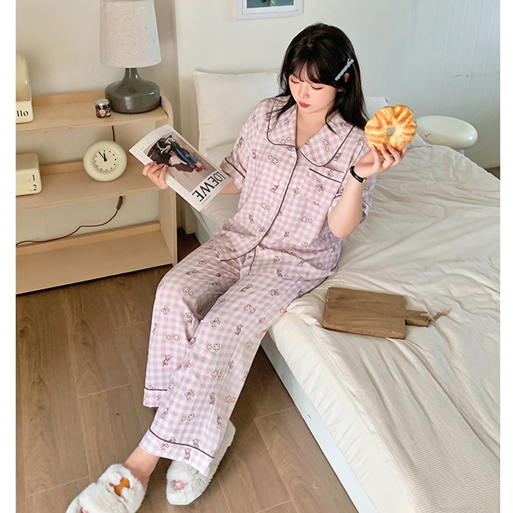 さらっとしたシアーサッカー素材のチェック柄ルームウェア上下セット7