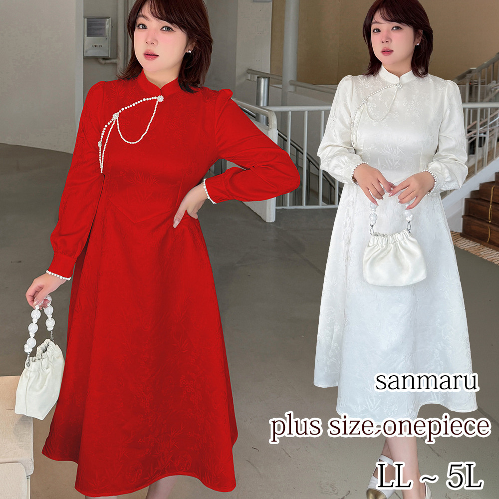 古典柄ジャガード生地にパールビーズ縁取りのチャイナ風ワンピース sanmaru