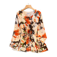 サイズが豊富！印象画風花柄. 裾ダブルフリル プルオーバーブラウス sanmaru