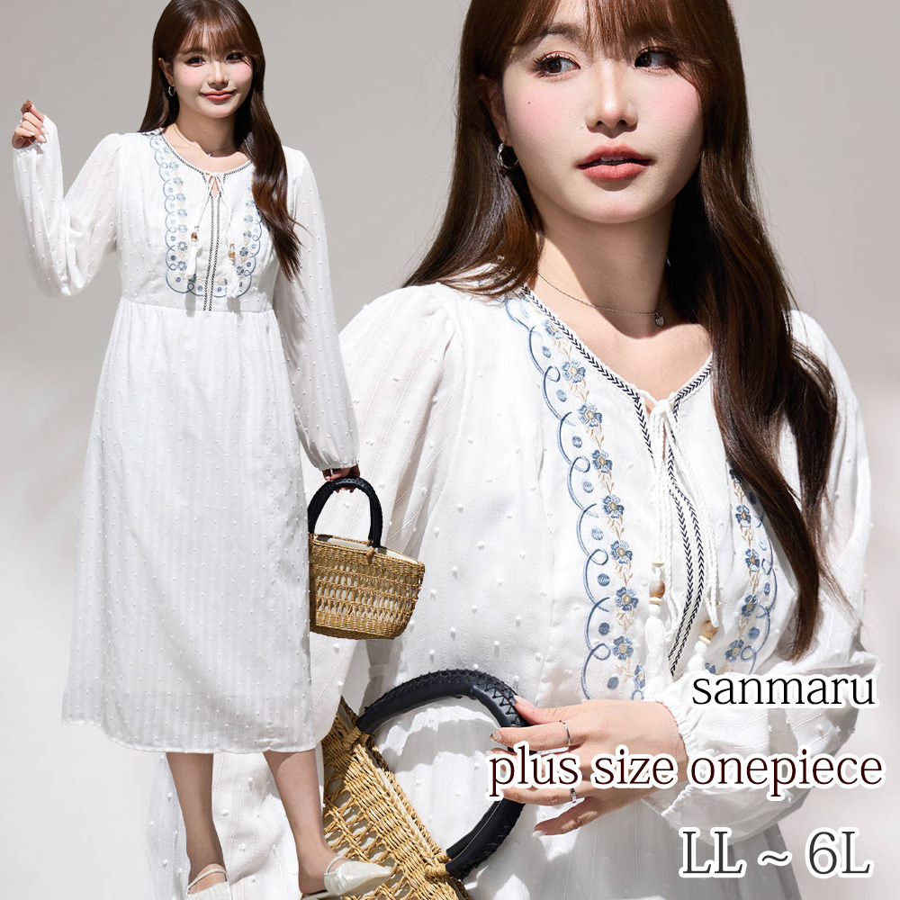 フォークロアテイストの刺繍入り綿混ジャガード Aラインワンピース sanmaru