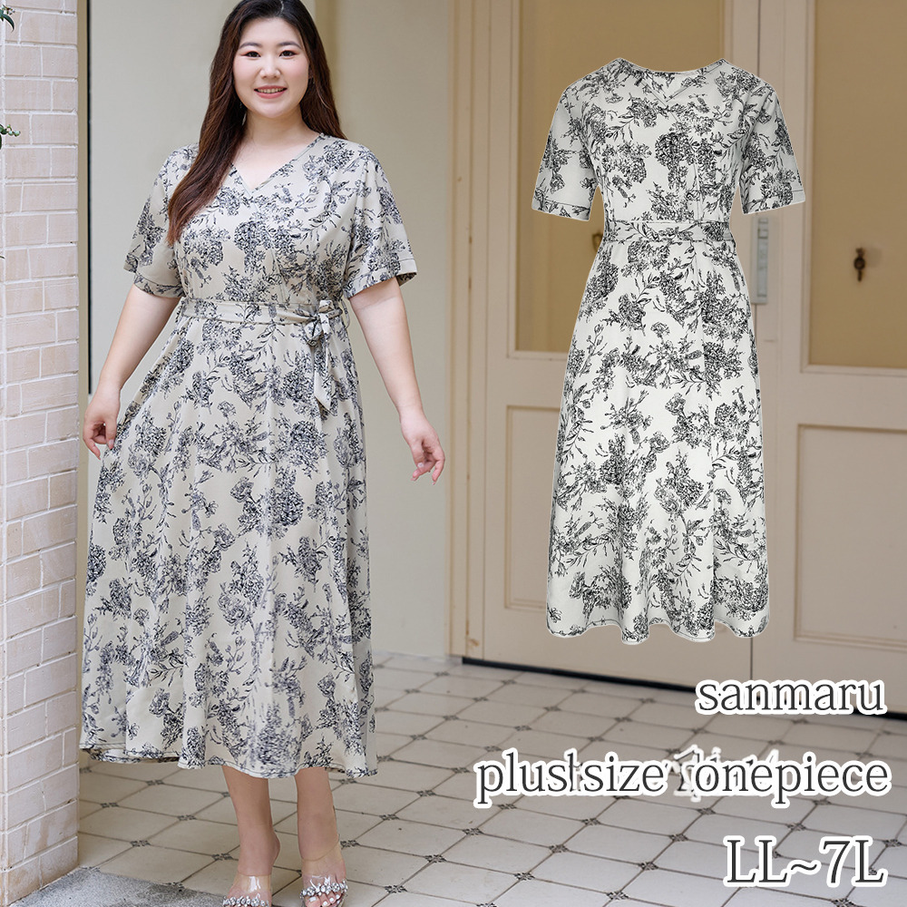 上品なボタニカルプリントのウエストリボンベルト付きフレアワンピース