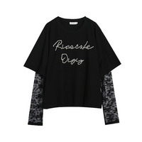 レースの袖が付いたレイヤードスタイル ビーズロゴデザインTシャツ
