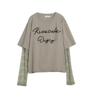 レースの袖が付いたレイヤードスタイル ビーズロゴデザインTシャツ