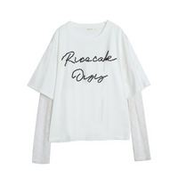 レースの袖が付いたレイヤードスタイル ビーズロゴデザインTシャツ