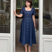 マットシルバーハートボタン飾り スクエアネックフレアワンピース