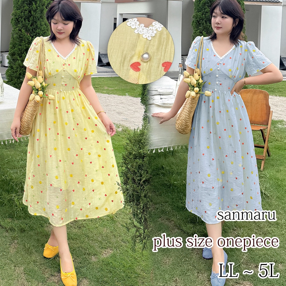 フラワーレース縁取りＶネック 花＆ハート刺繍のガーリーワンピース