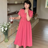 レトロで上品なウエストシェイプ 開襟ソリッドカラーワンピース
