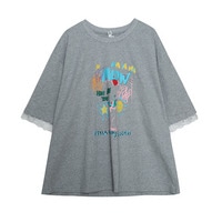 袖口にレースコラージュ 胸にグラフティプリントの半袖Tシャツ
