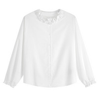 薔薇の飾り付きレース二重フリルスタンドカラー＆袖口のホワイトブラウス