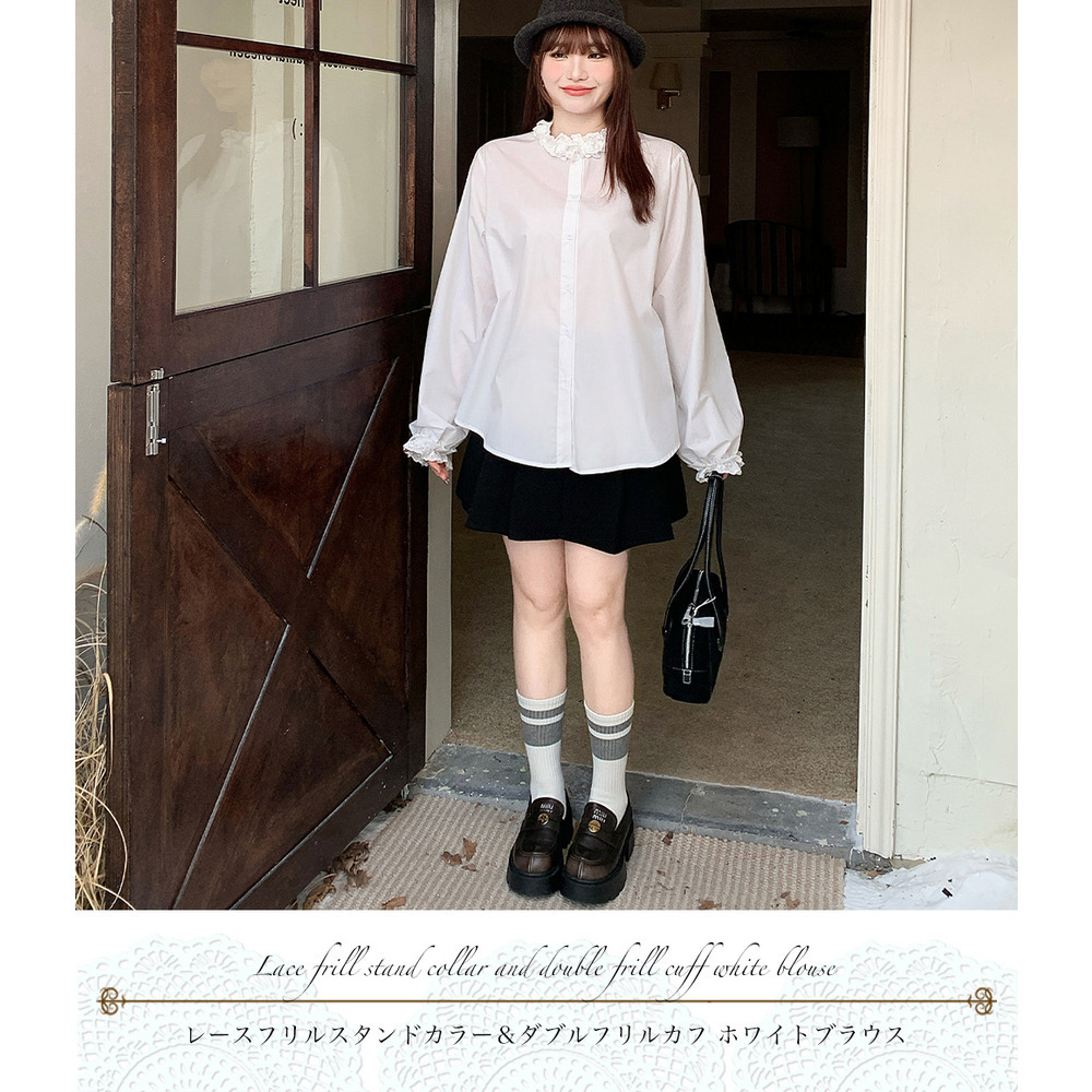 薔薇の飾り付きレース二重フリルスタンドカラー&袖口のホワイトブラウス12