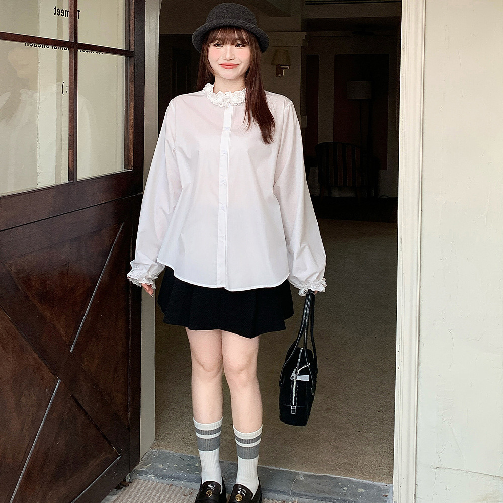 薔薇の飾り付きレース二重フリルスタンドカラー&袖口のホワイトブラウス5