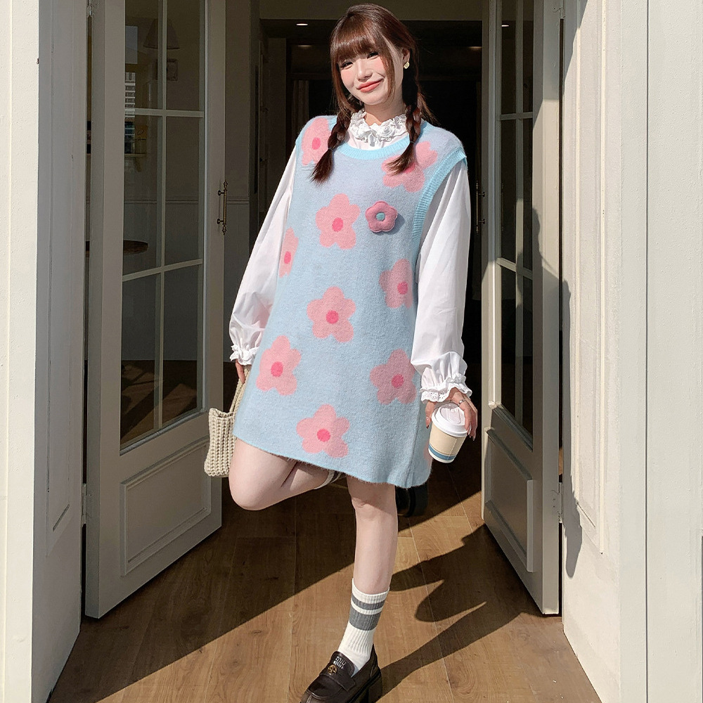 薔薇の飾り付きレース二重フリルスタンドカラー&袖口のホワイトブラウス6