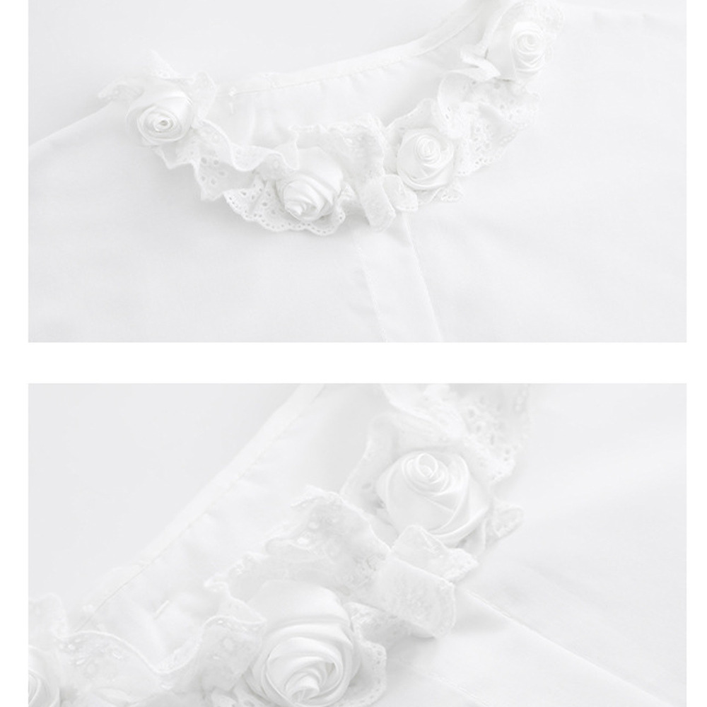 薔薇の飾り付きレース二重フリルスタンドカラー&袖口のホワイトブラウス8
