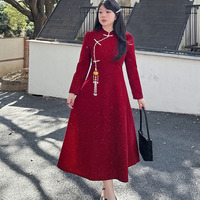 シルバーラメプリントベルベットのチャイナ風フレアワンピース