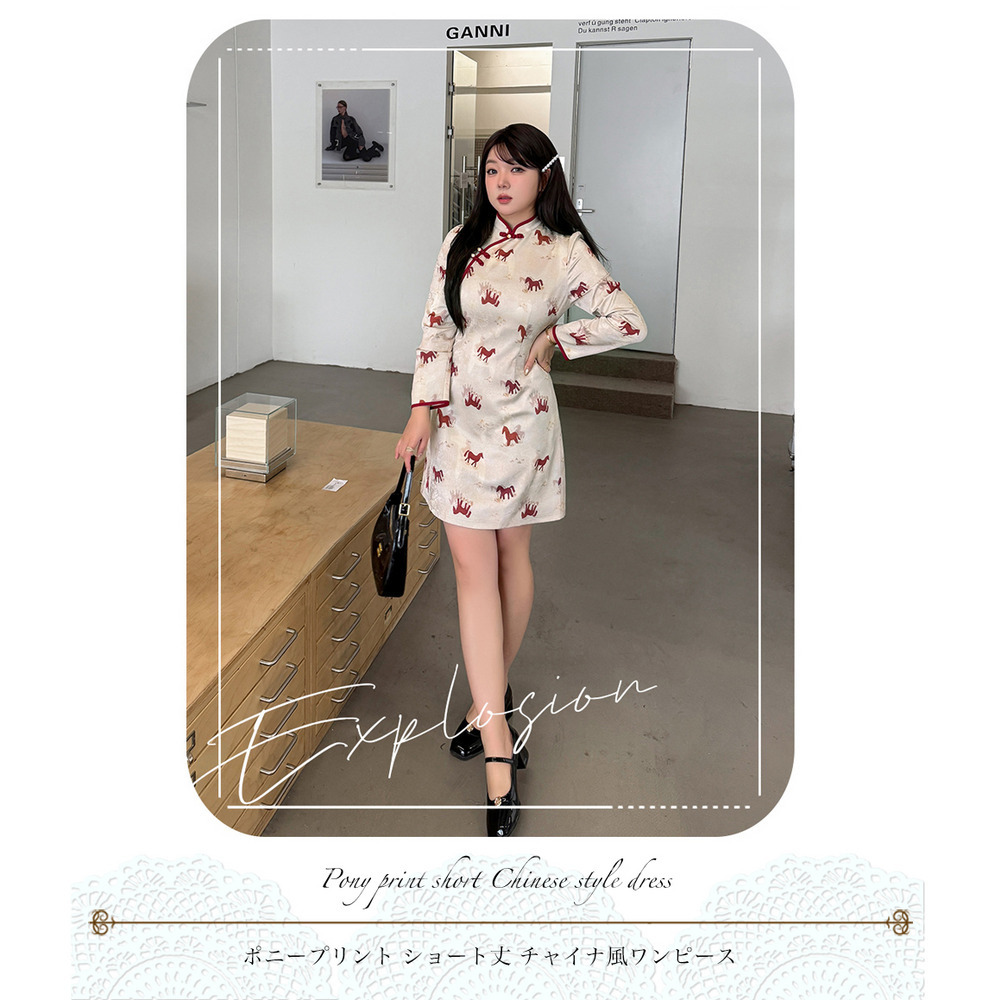 ポニープリントが大人可愛いショート丈チャイナ風ワンピース14
