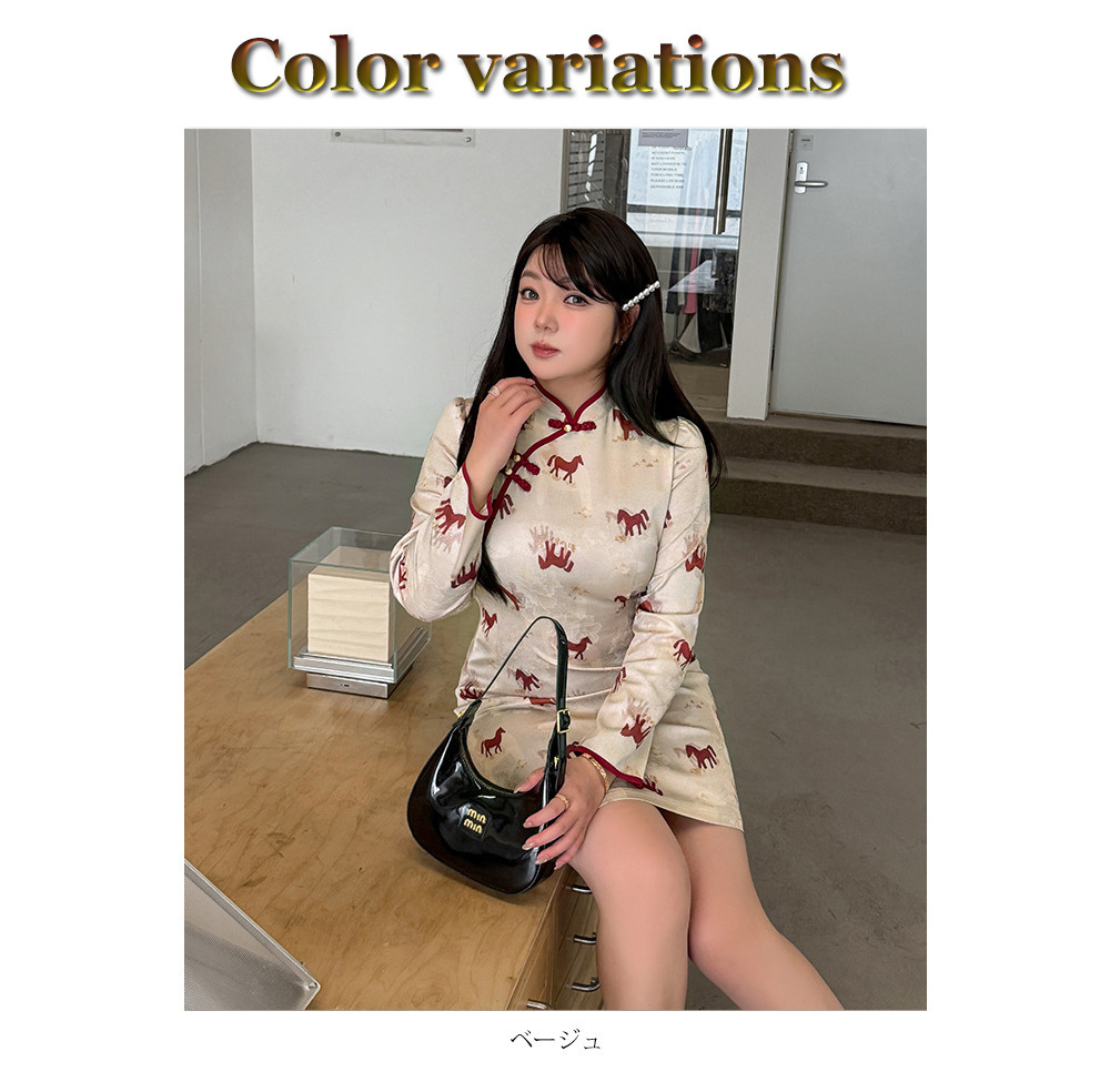 ポニープリントが大人可愛いショート丈チャイナ風ワンピース15