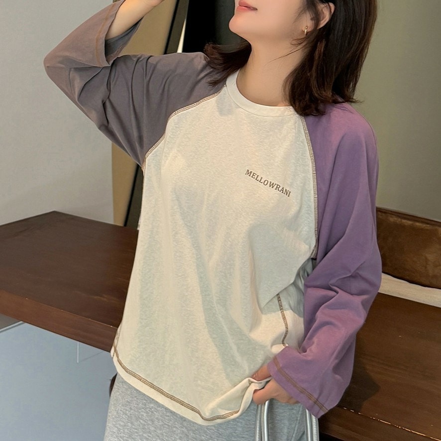 おしゃれなカラーブロックデザインのラグラン長袖Tシャツ1
