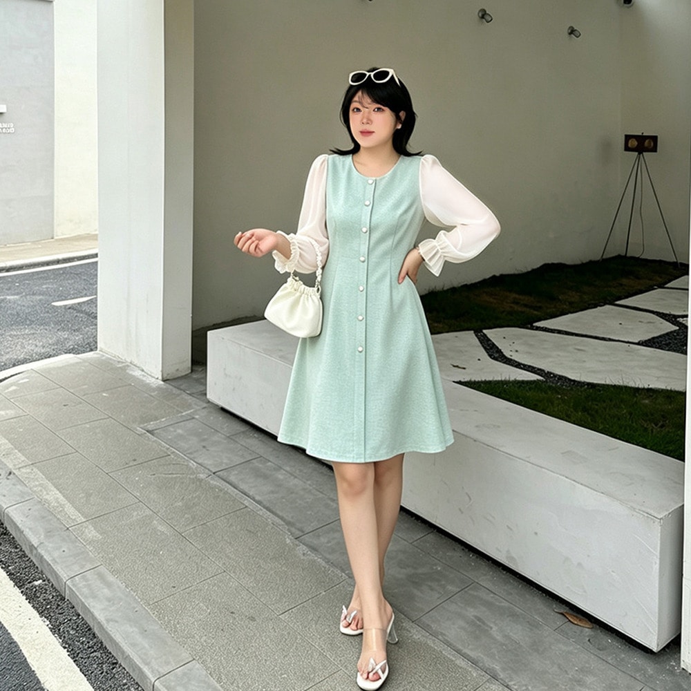 上品クラシカルな大人フェミニン♪ツイード調×シアー袖フレアワンピース2