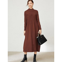 胸シャーリングデザイン Aライン ハイネック ニットワンピース　大きいサイズ レディース