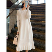 モックネック ドロップショルダー 裾イレギュラープリーツワンピース　大きいサイズ レディース