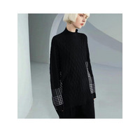 ハイネック ダイヤ編み×チェック柄ジャガード ニットトップス　大きいサイズ レディース