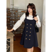 ホワイトブラウス+ 肩紐ジャンパースカート セットアップ　大きいサイズ レディース