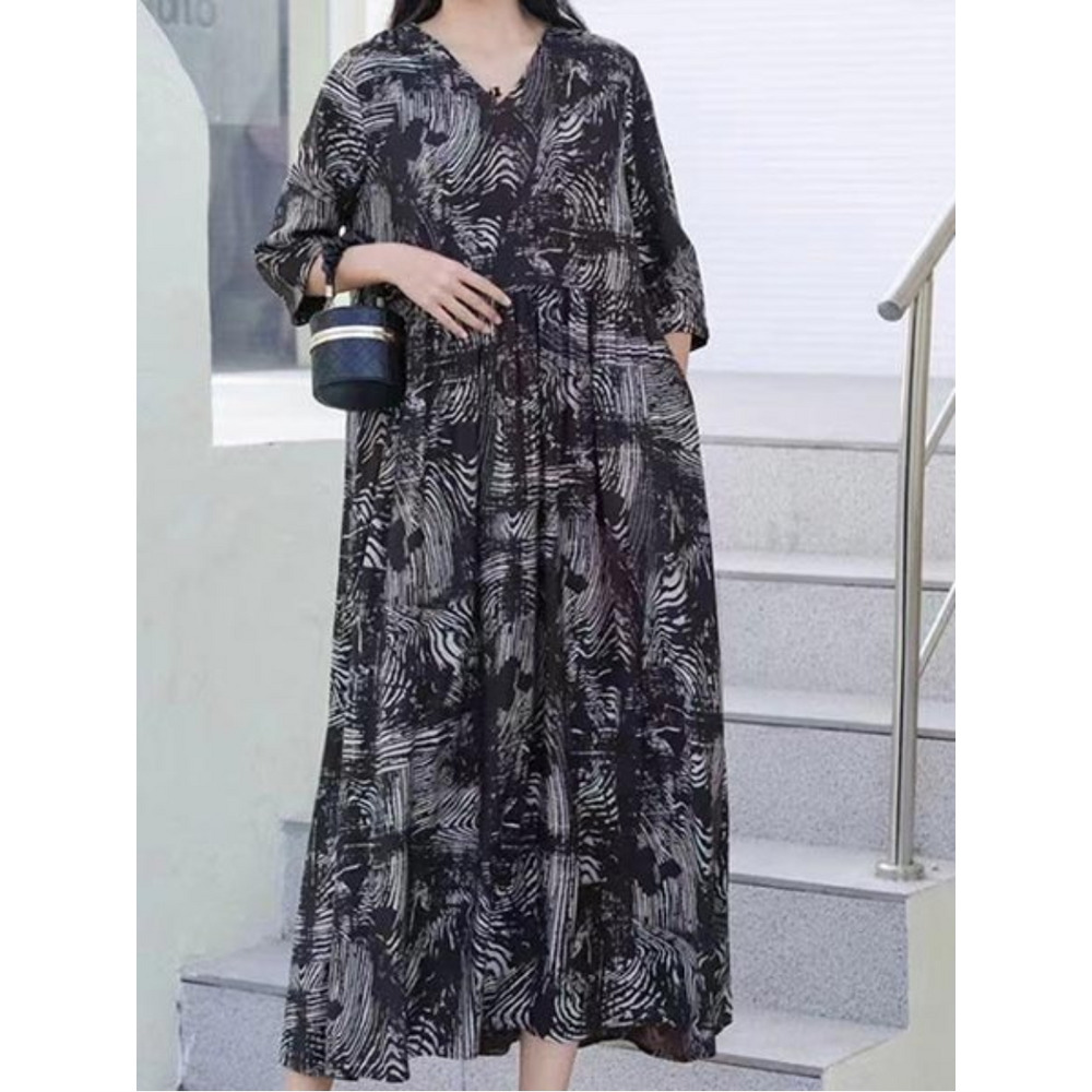 Vネック ワイドスリーブ Aラインテンセル混 ワンピース 大きいサイズ レディース15