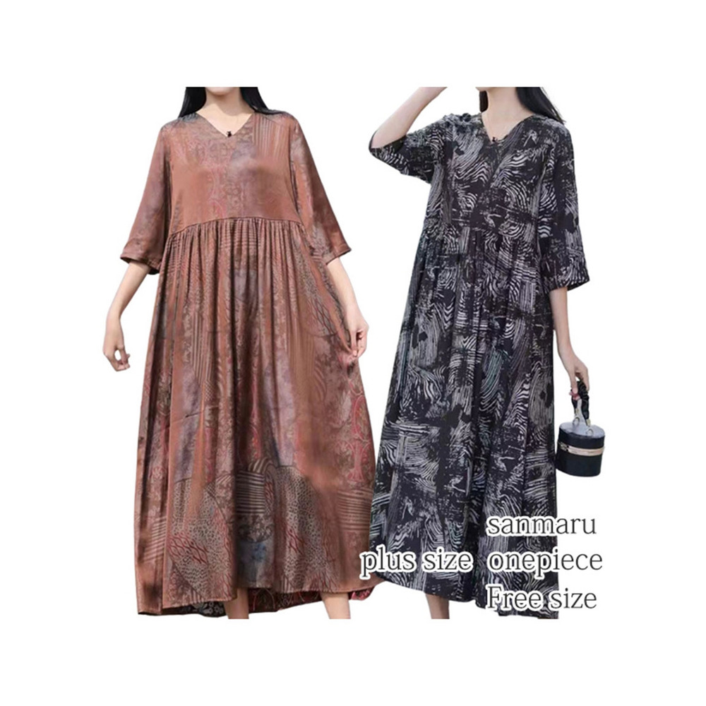 Vネック ワイドスリーブ Aラインテンセル混 ワンピース 大きいサイズ レディース2