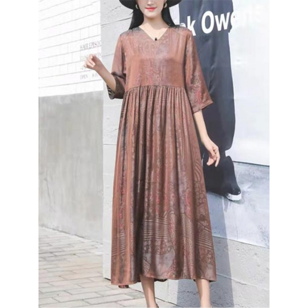 Vネック ワイドスリーブ Aラインテンセル混 ワンピース 大きいサイズ レディース1