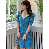 レース縁取り白襟 デイジープリント 裾プリーツ ワンピース　大きいサイズ レディース