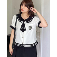 セーラーカラートップス+プリーツミモレ丈スカート セットアップ　大きいサイズ レディース