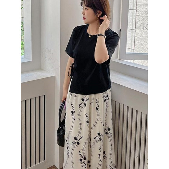 コットン Tシャツ+フラワープリント フレアスカートセットアップ　大きいサイズ レディース【アリノマ/Alinoma】