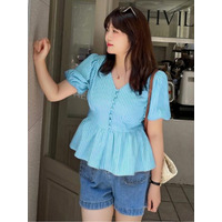 Vネック 縦細ストライプ柄 ぺプラムデザイン 半袖トップス　大きいサイズ レディース