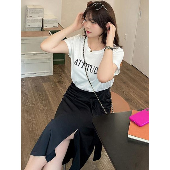 半袖コットン Tシャツ+スリット入り Aラインスカート セット 大きいサイズ レディース【アリノマ/Alinoma】 半袖コットン Tシャツ+スリット入り Aラインスカート セット 大きいサイズ レディース【アリノマ/Alinoma】