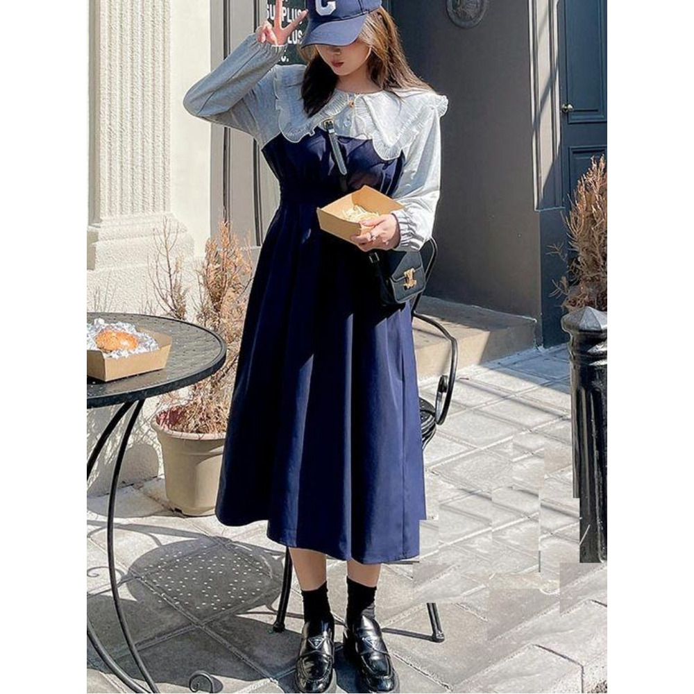 ビッグカラーブラウス+ジャンパースカート 重ね着風ワンピース 大きい